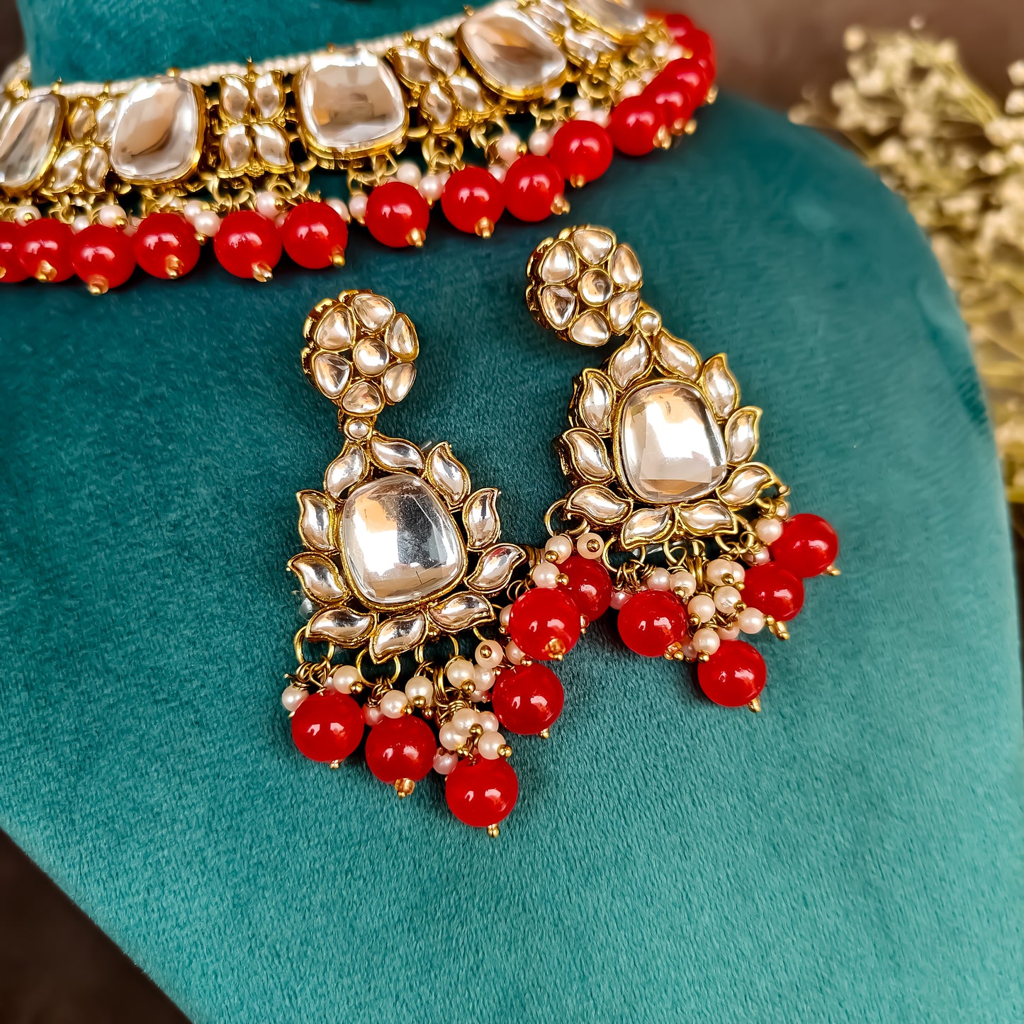 Rajvi Kundan Necklace Set- Red