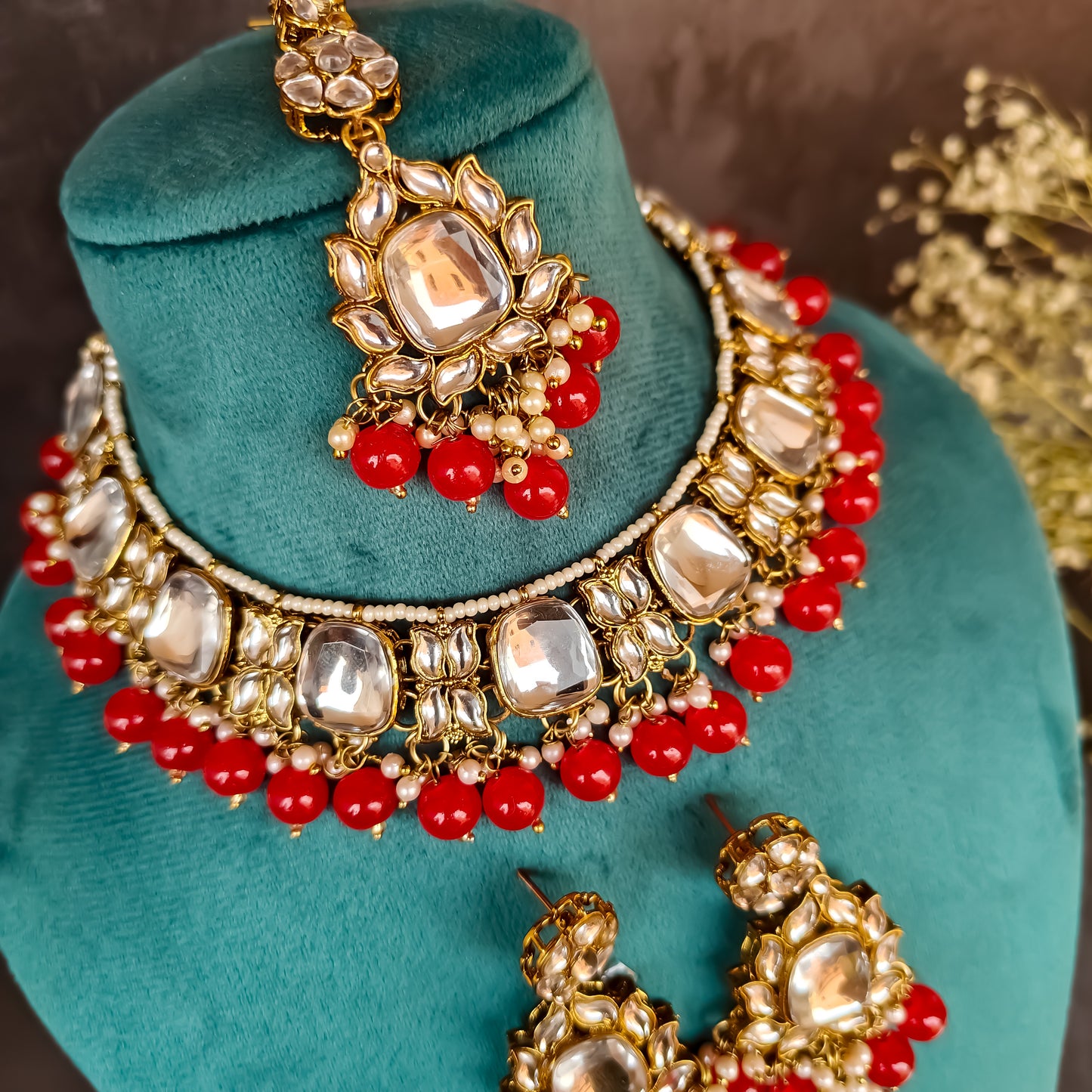 Rajvi Kundan Necklace Set- Red