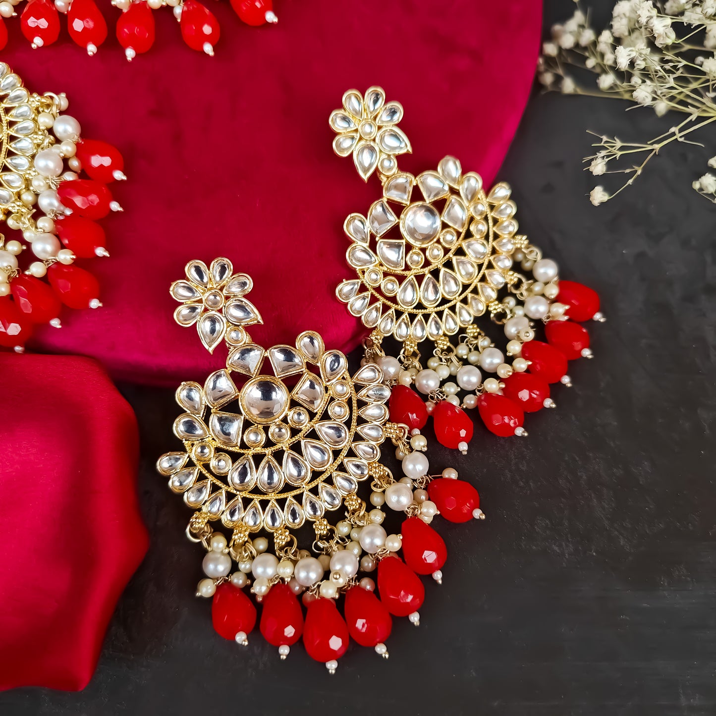 Amber Dabi Kundan Necklace Set - Red