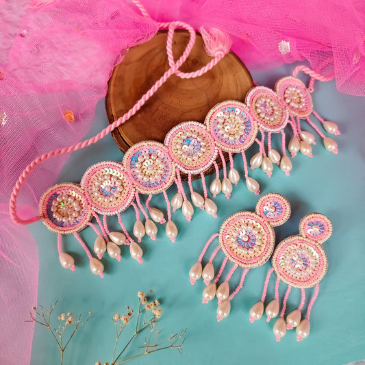 Serah Hand Embroidered Necklace set- Pink
