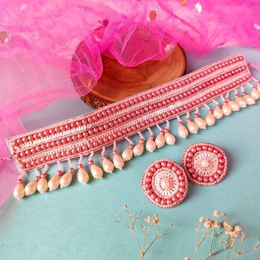 Gracia Hand Embroidered Necklace Set - Pink