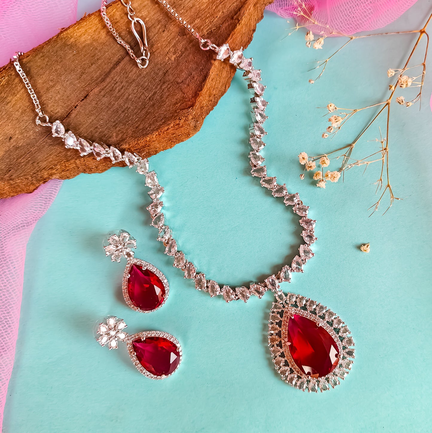 Elena Luxury AD Necklace Set Ruby Red