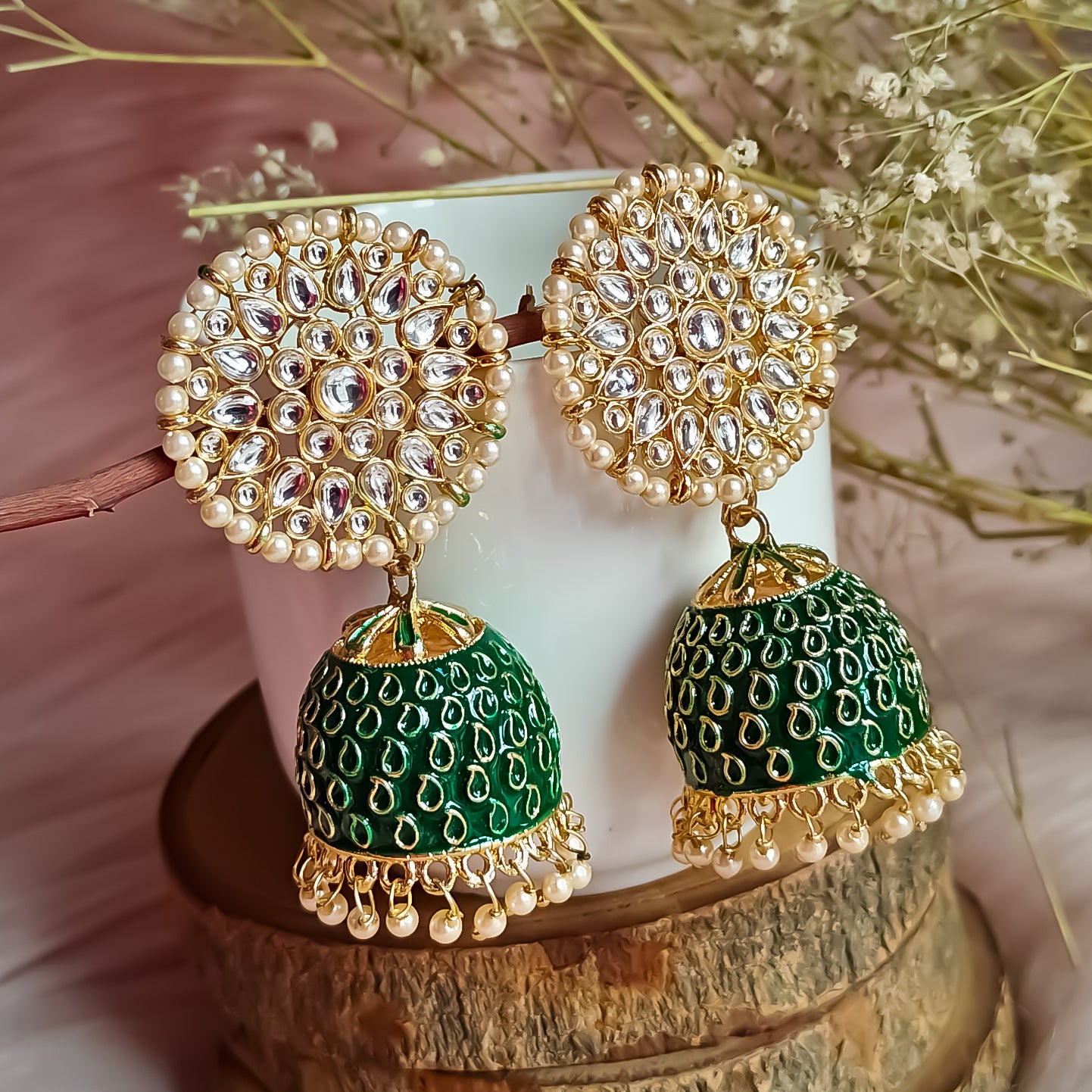 Kundan Meenakari Jhumka Earrings - Green