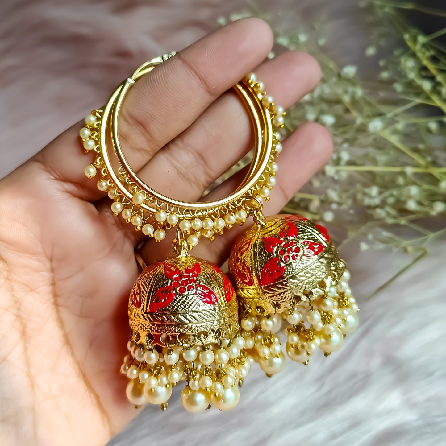 Yamini Bali Meenakari Jhumka Earrings - Red