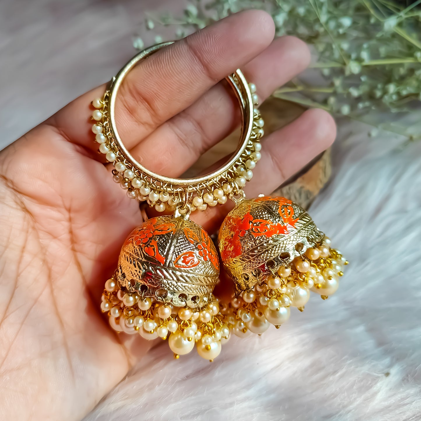 Yamini Bali Meenakari Jhumka Earrings - Orange