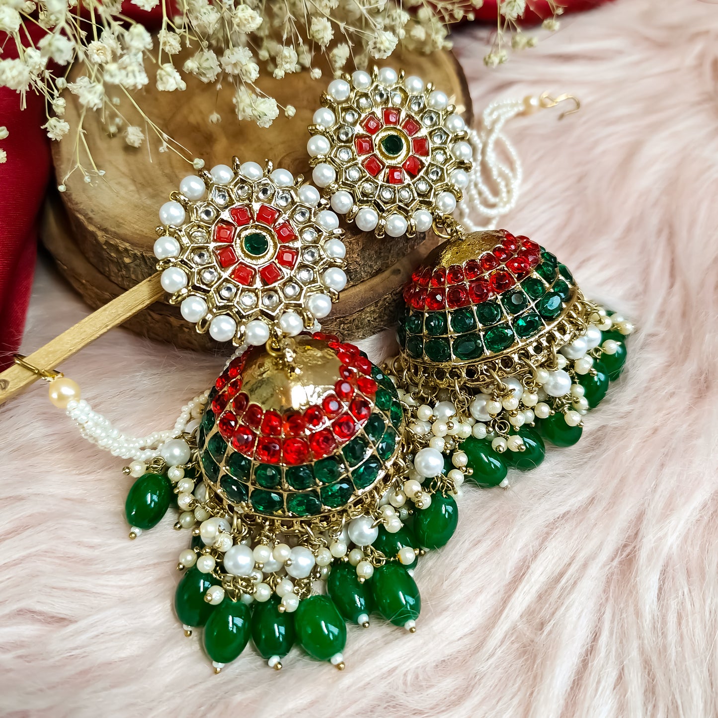 Amanat Statement Jhumka Earrings - Red Green