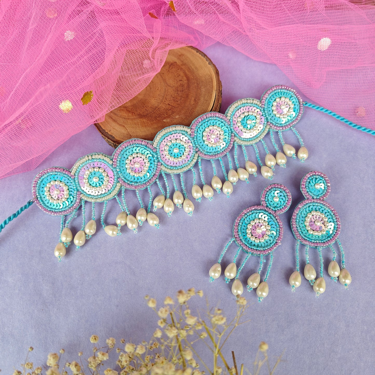 Serah Hand Embroidered Necklace set- Sky Blue