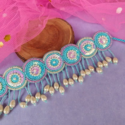Serah Hand Embroidered Necklace set- Sky Blue