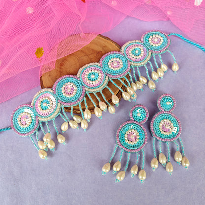 Serah Hand Embroidered Necklace set- Sky Blue