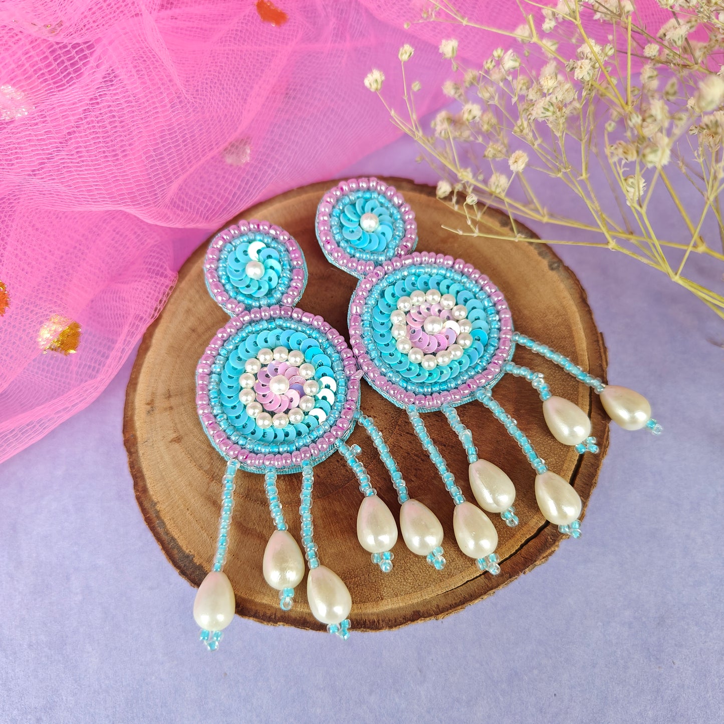 Serah Hand Embroidered Necklace set- Sky Blue