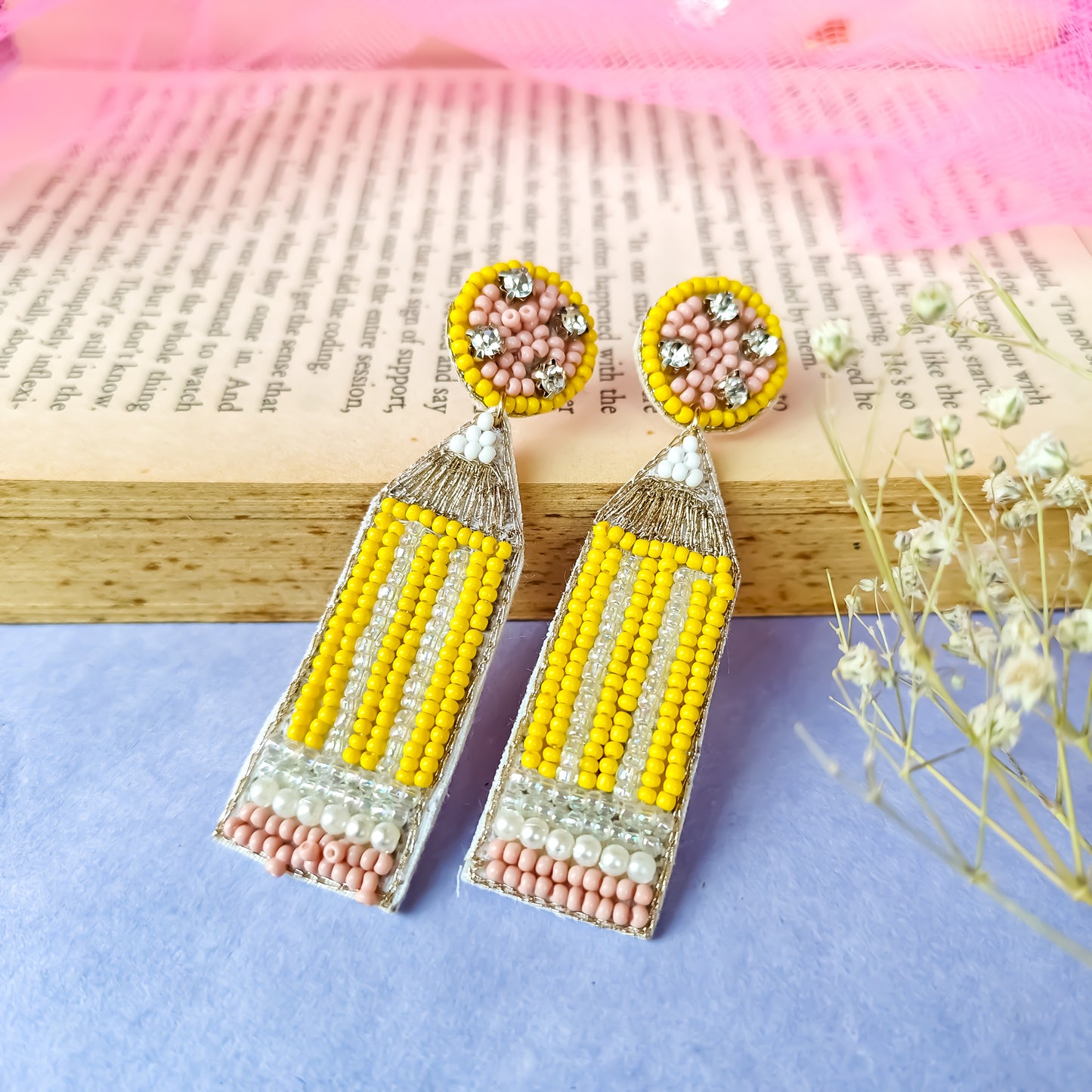 Quirky Pencil Hand Embroidered Earrings