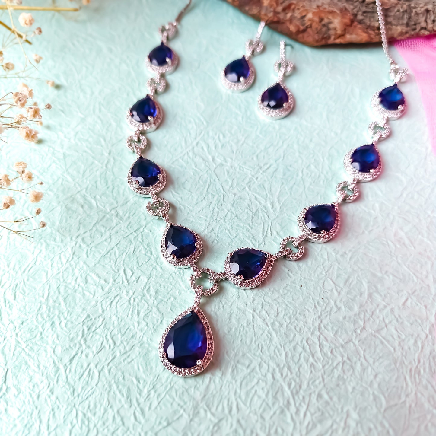 Kristine Premium American Diamond Necklace Set- Royal Blue