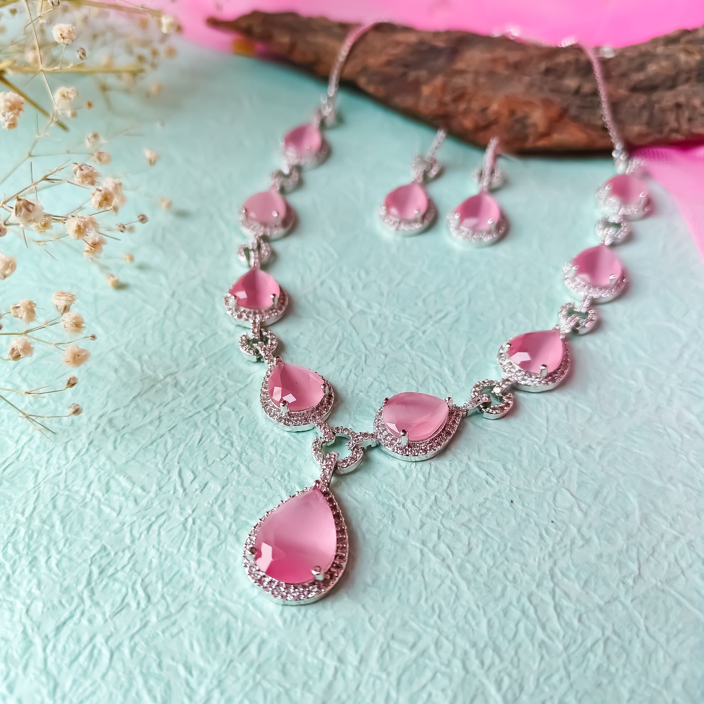 Kristine Premium American Diamond Necklace Set- Aqua Pink
