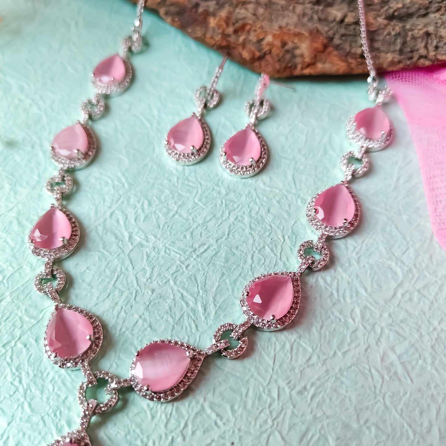 Kristine Premium American Diamond Necklace Set- Aqua Pink