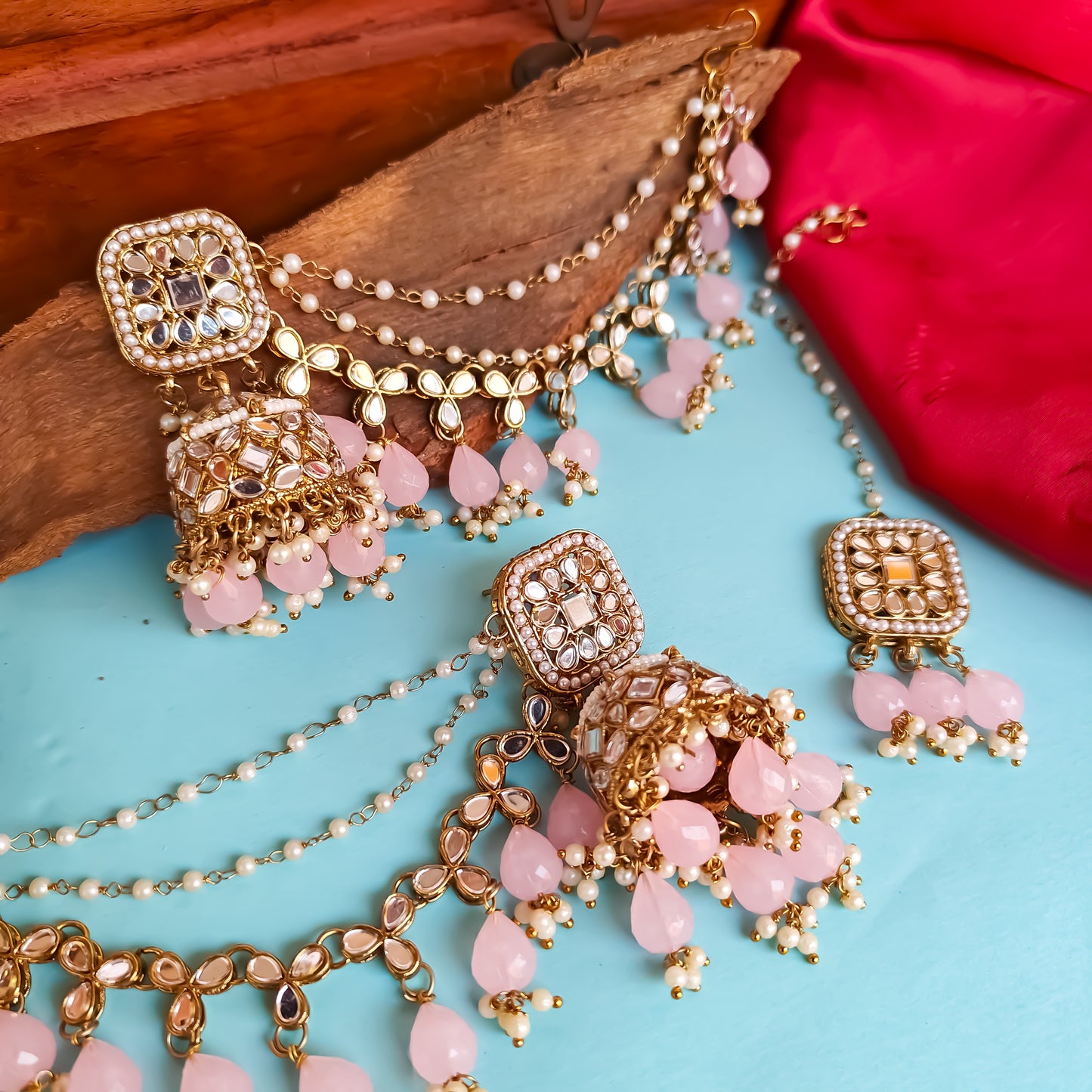 Mohika Mirror Jhumka Earrings with Sahara & Tika Set - Baby Pink