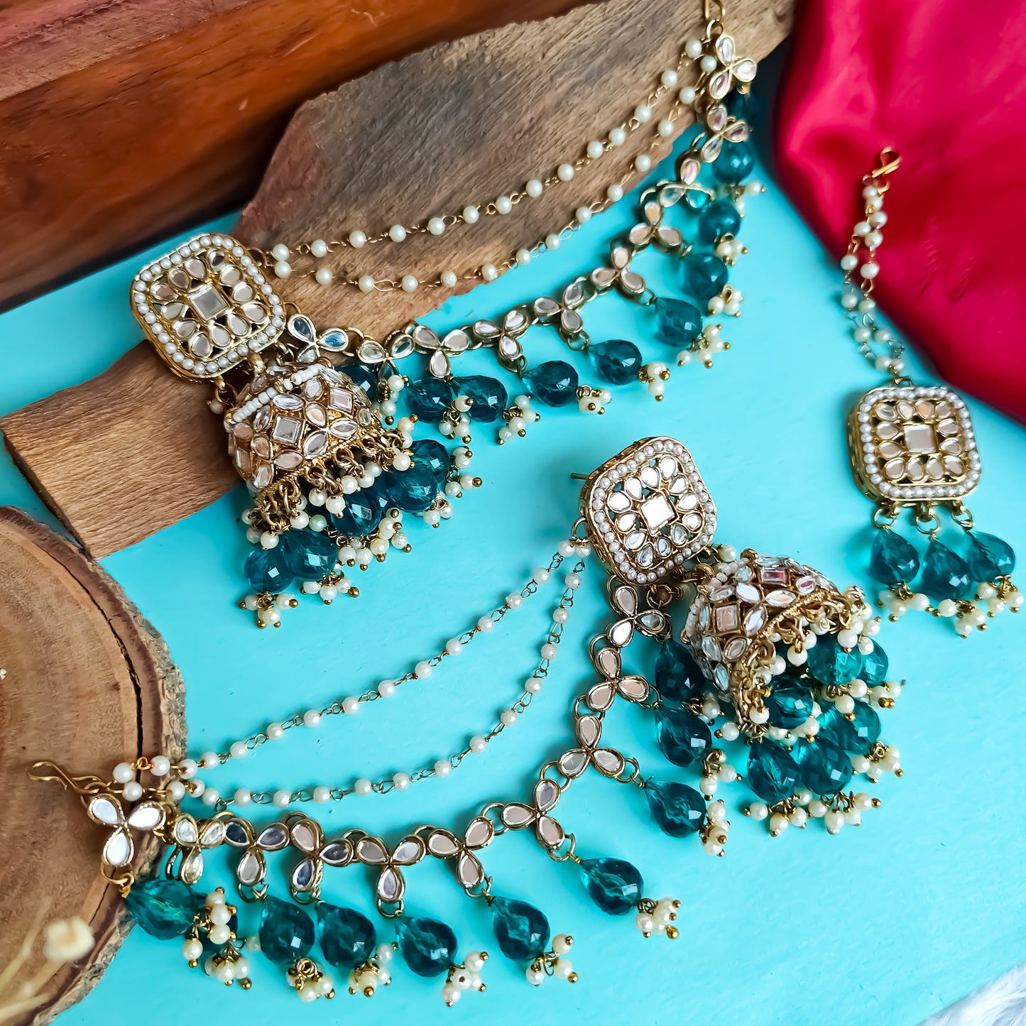 Mohika Mirror Jhumka Earrings with Sahara & Tika Set - Firozi Blue