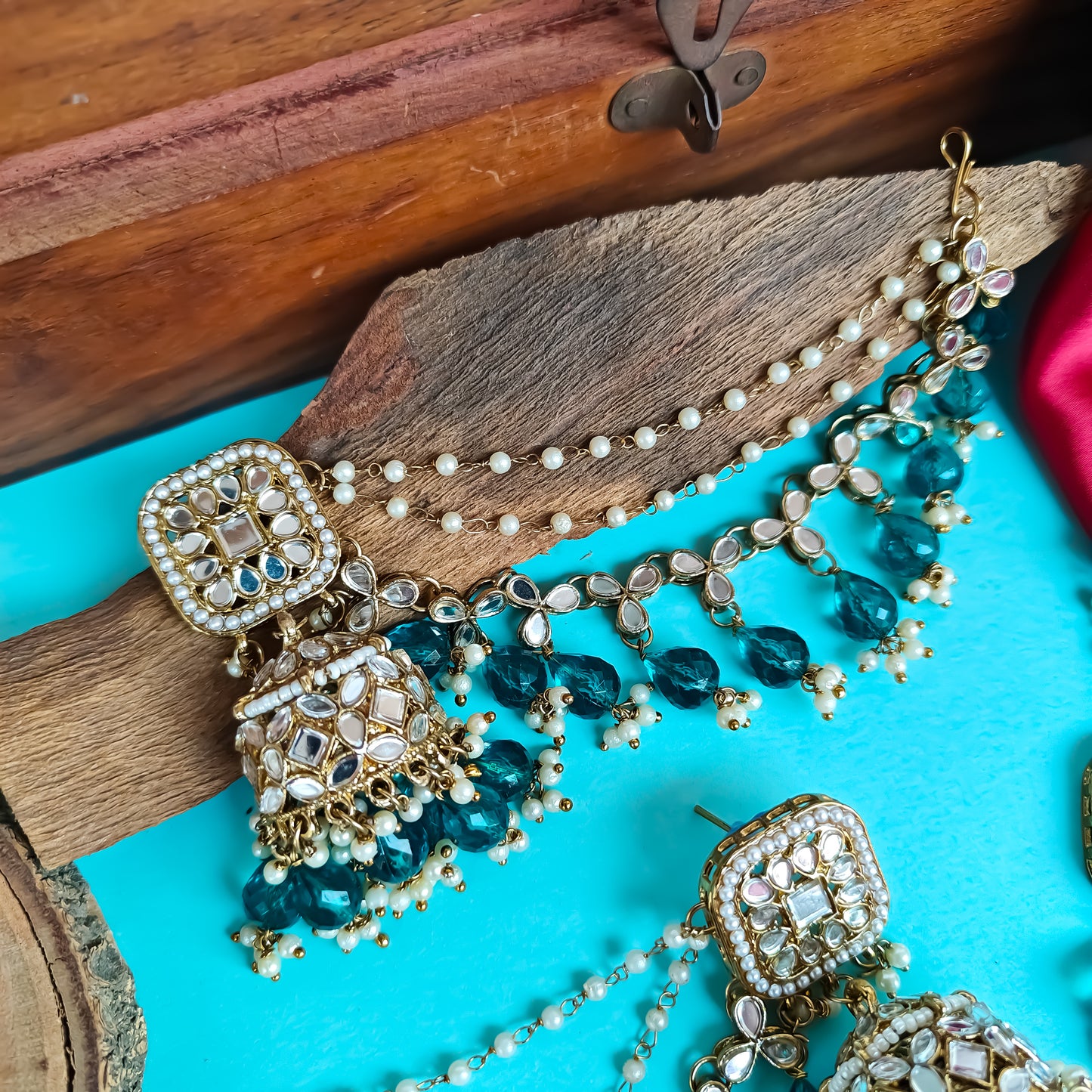 Mohika Mirror Jhumka Earrings with Sahara & Tika Set - Peacock Blue