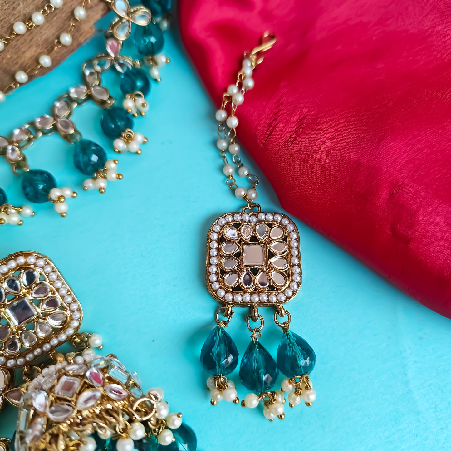 Mohika Mirror Jhumka Earrings with Sahara & Tika Set - Peacock Blue