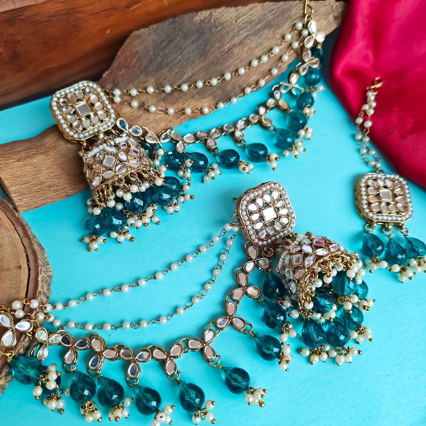 Mohika Mirror Jhumka Earrings with Sahara & Tika Set - Firozi Blue