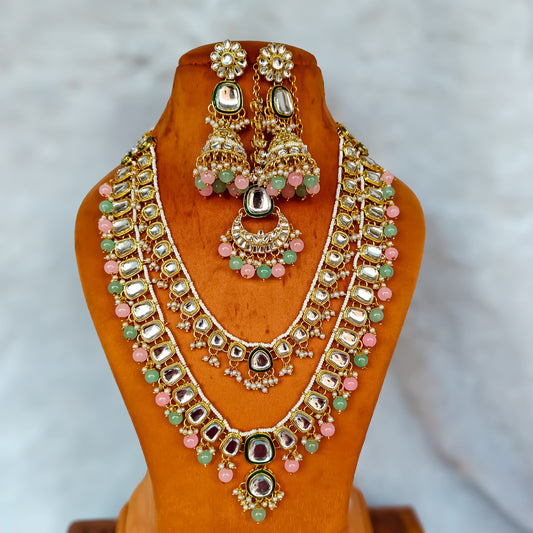 Deep Double layer Kundan Necklace - Pastel Pink & Green