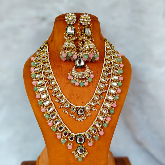 Deep Double layer Kundan Necklace Set - Pastel Pink & Green