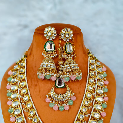 Deep Double layer Kundan Necklace Set - Pastel Pink & Green