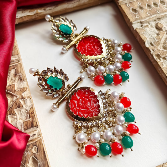 Shagun 2.0 Cutwork Chandbali Earrings - Red & Green