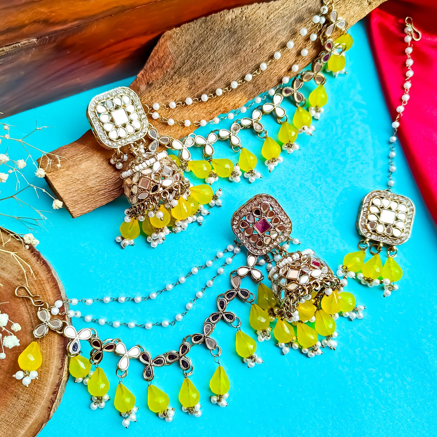 Mohika Mirror Jhumka Earrings with Sahara & Tika Set - Yellow