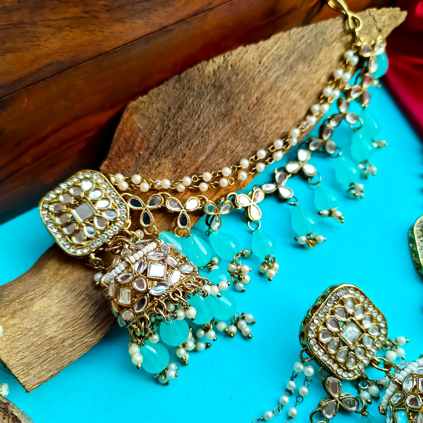 Mohika Mirror Jhumka Earrings with Sahara & Tika Set - Sky Blue