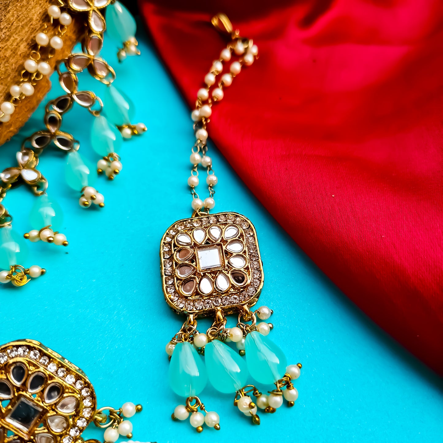 Mohika Mirror Jhumka Earrings with Sahara & Tika Set - Sky Blue