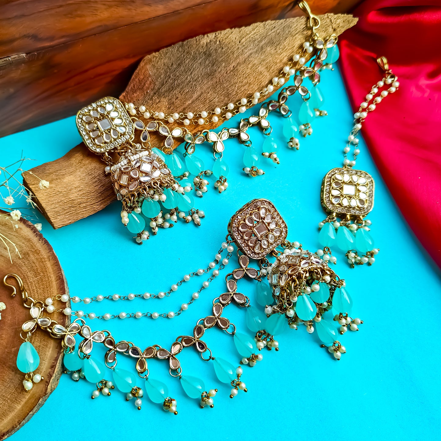 Mohika Mirror Jhumka Earrings with Sahara & Tika Set - Sky Blue