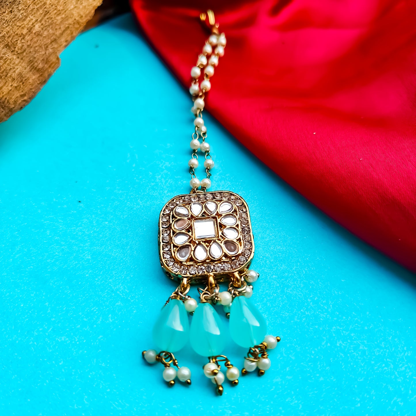 Mohika Mirror Jhumka Earrings with Sahara & Tika Set - Sky Blue