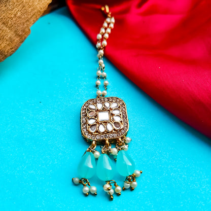 Mohika Mirror Jhumka Earrings with Sahara & Tika Set - Sky Blue