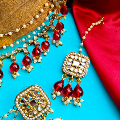 Mohika Mirror Jhumka Earrings with Sahara & Tika Set - Maroon