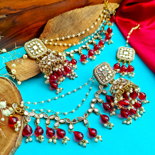 Mohika Mirror Jhumka Earrings with Sahara & Tika Set - Maroon