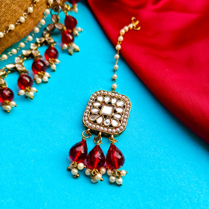 Mohika Mirror Jhumka Earrings with Sahara & Tika Set - Maroon