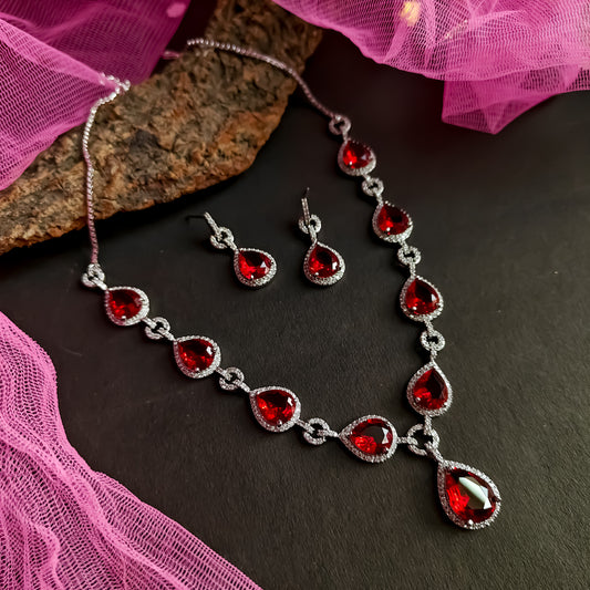 Kristine Premium American Diamond Necklace Set- Red