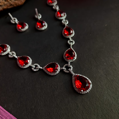 Kristine Premium American Diamond Necklace Set- Red