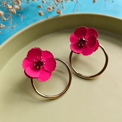 Korean Floral Hoop Earrings-Hot Pink