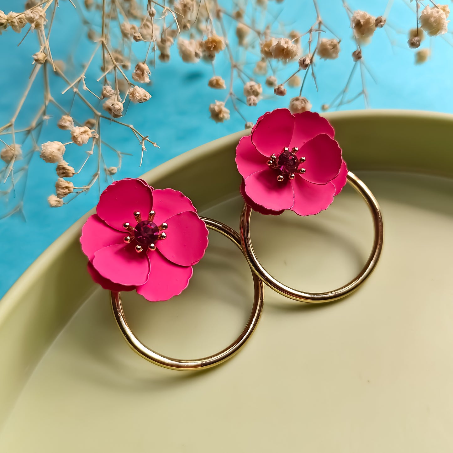 Korean Floral Hoop Earrings-Hot Pink