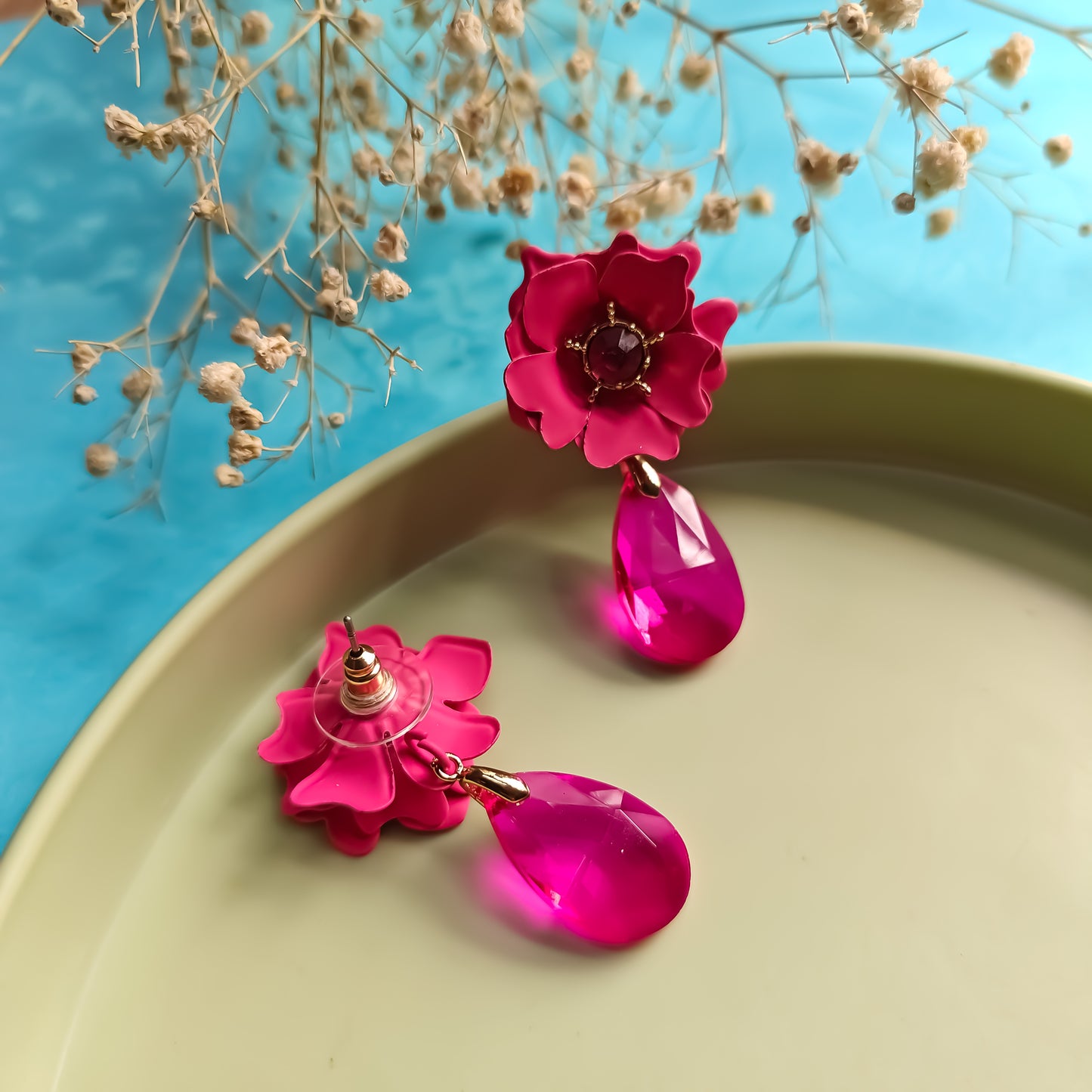 Korean Floral Crystal Drop Earrings-Hot Pink
