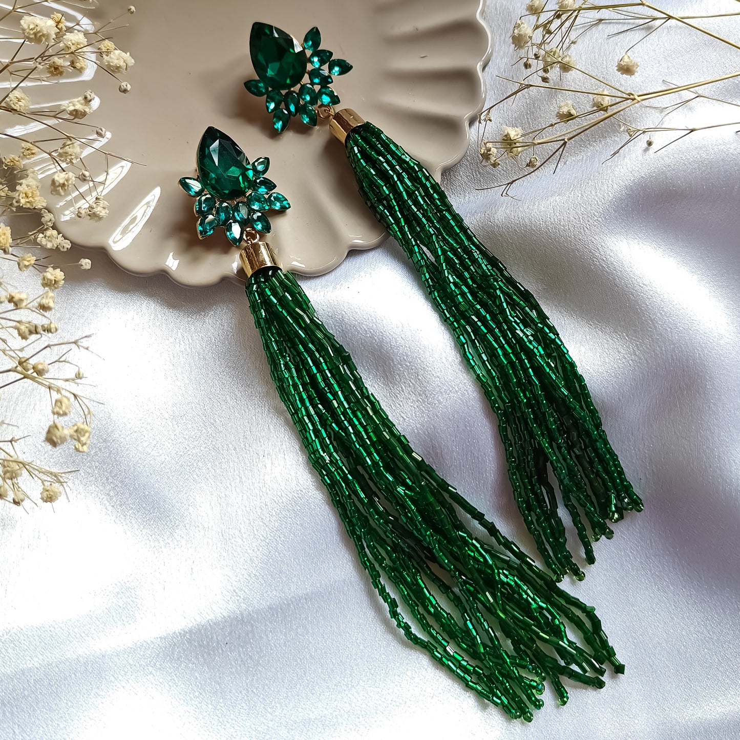 Tina Crystal Tassle Earrings Green