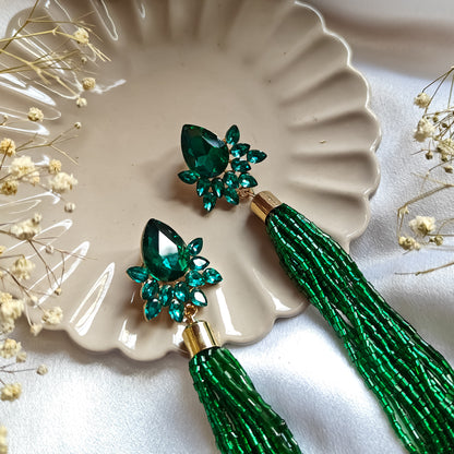 Tina Crystal Tassle Earrings Green