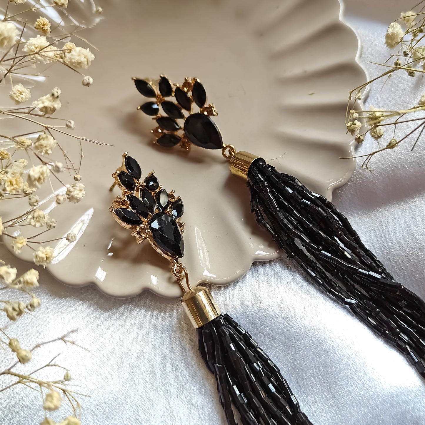Tina Crystal Tassle Earrings Black