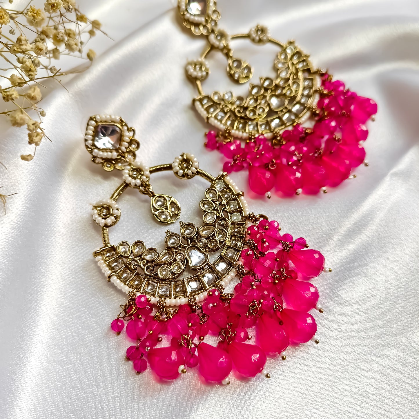 Mahira Kundan Chandbali Earrings - Hot Pink