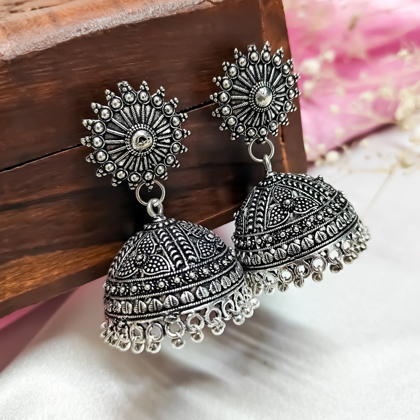 Sun Chakra Silver Jhumka Earrings