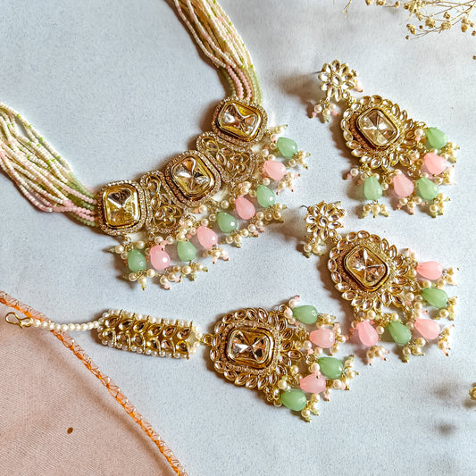 Sumer Polki Ad Necklace Set- Pastel Pink & Green