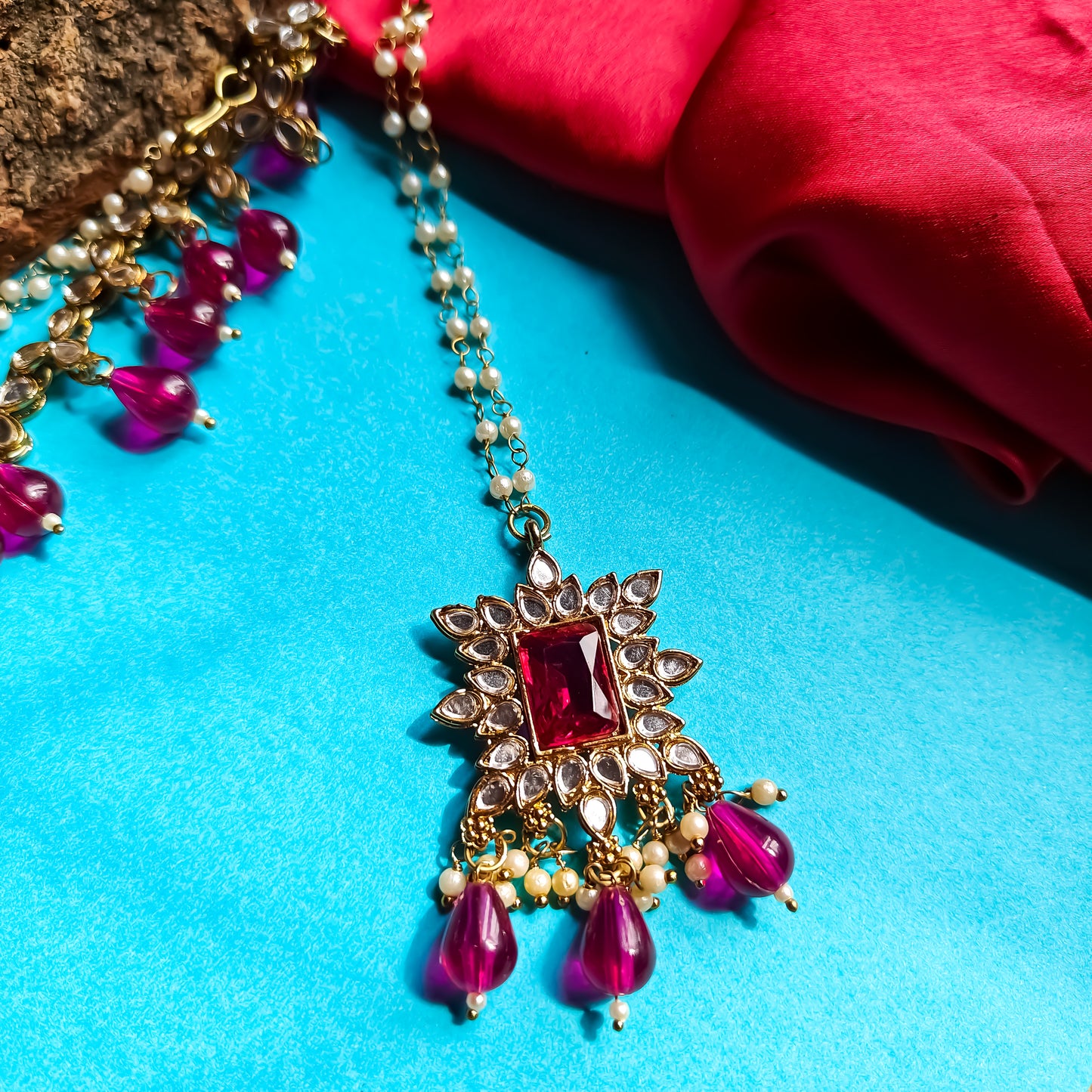 Manavi Mirror Jhumka with Teeka & Sahara- Hot Pink