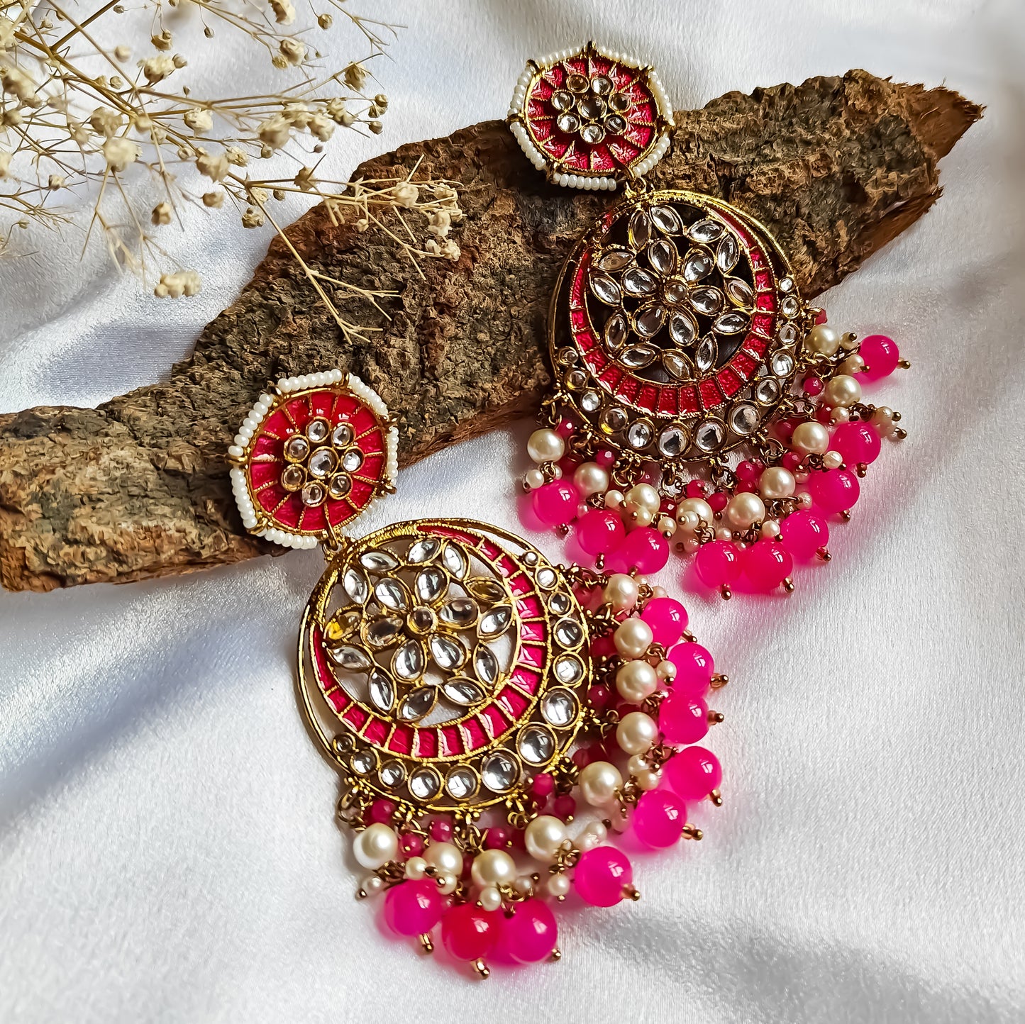 Siya Meenakari Chandbali Earrings- Hot Pink