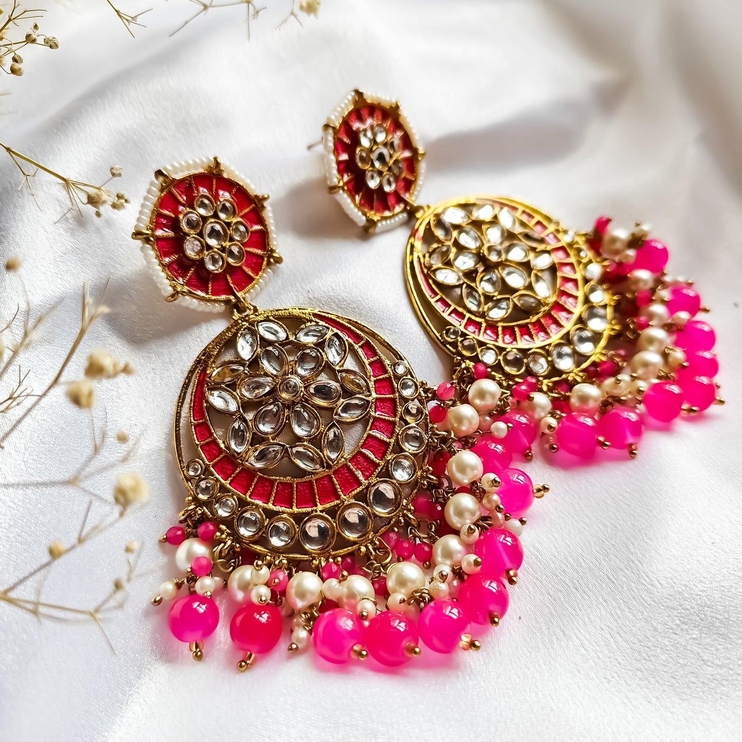 Siya Meenakari Chandbali Earrings- Hot Pink